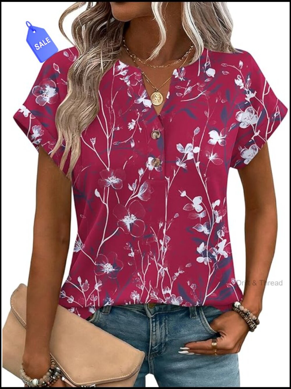 Burgundy shirt with white Floral accents and Short Sleeves